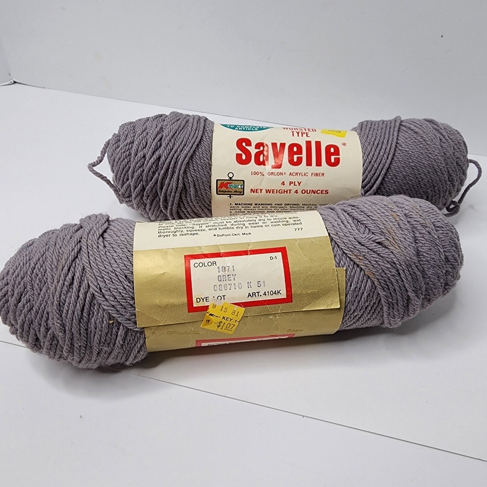 Sayelle Orlon Acrylic 4 Ply Yarn #1071 Grey - 2 Skeins (Kmart Vintage) same Dye
